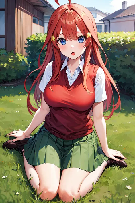 masterpiece, best quality, 1 woman, Itsuki Nakano, alone, skirt, green skirt, blue eyes, red hair, long hair, star (symbol), chest, shirt, blush, star headdress, Ahoge, headdress, white shirt, huge chest,  large chest, looking at viewer, short sleeve, forehead, laugh, red sweater, sweater vest, pleated skirt, collared shirt, , hair between eyes, cowboy shot, seat,  outdoors, afternoon, tree, Cherry Blossom,  skirt를 들추며 음부를 보여줍니다,큰 chest,big tits,chest골,spread your legs,bed,wet clothes,Masturbating while rubbing one&#39;s vagina with one&#39;s hand to reach climax,drooling,chest골,Heart,long hair,blush,chest골,cardigan,NSFW,leaking semen,dildo,:D,dark purple hair girl,sisters덮밥,sisters,nipple
