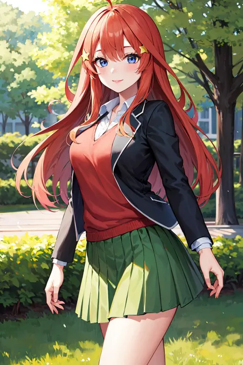 masterpiece, best quality, highres, aaitsuki, long hair, ahoge, star hair ornament, school uniform, blazer, black jacket, open jacket, red sweater, long sleeves green skirt, pleated skirt, <lora:nakano_itsuki_v1:0.7>, cowboy shot, standing, smile, outdoors, arms at sides,