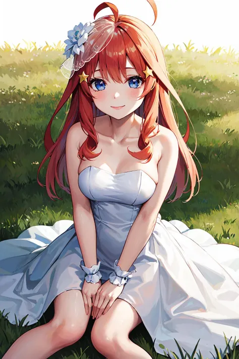 masterpiece, best quality, highres, aaitsuki, long hair, ahoge, star hair ornament, bridal veil, collarbone, bare shoulders, strapless, wedding dress, white dress, wrist cuffs, <lora:nakano_itsuki_v1:0.7>, graden, smile, grass, sitting, on floor