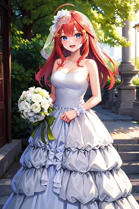 masterpiece, best quality, highres, aaitsuki, long hair, ahoge, star hair ornament, bridal veil, collarbone, bare shoulders, strapless, wedding dress, white dress, wrist cuffs, <lora:nakano_itsuki_v1:0.7>, graden, standing, holding bouquet, smile, open mouth,