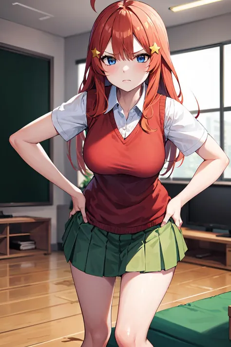 masterpiece, best quality, highres, aaitsuki, long hair, ahoge, star hair ornament, , red sweater, sweater vest, short sleeves, green skirt, pleated skirt, classroom, indoors,((woman on top,vaginal,sex))