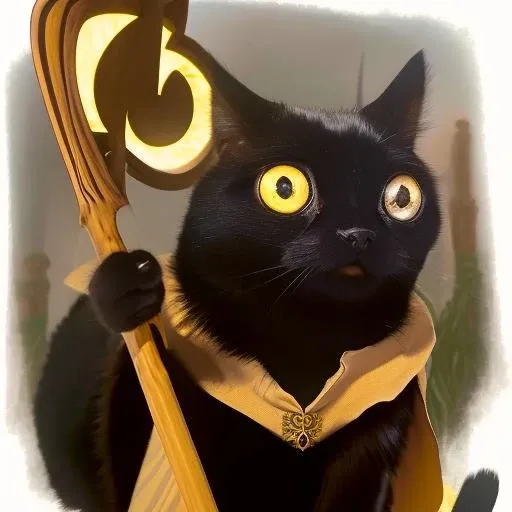 cat, animal, solo, cat standing on hind legs:1.5,<lora:JinxCat:0.9> (bigfootjinx), black cat, fat cat, yellow eyes, big eyes, shorthair cat,mage cat, magic wooden staff,holding staff,((wearing a wizard costume)),