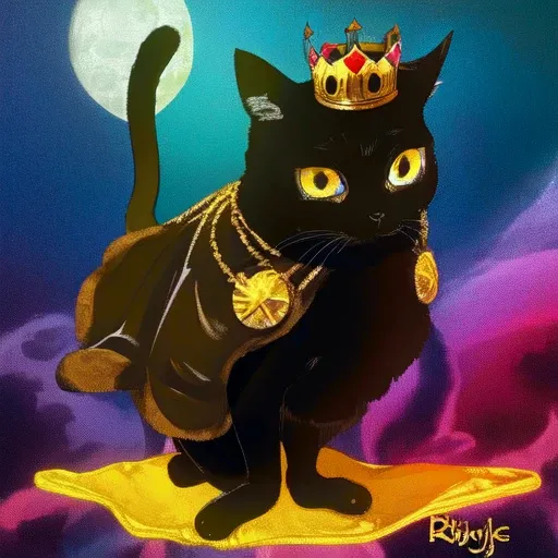 cat, (animal), solo, cat sitting, royal throne,<lora:JinxCat:1> (bigfootjinx), black cat, fat cat, yellow eyes, big eyes, shorthair cat,wearing velvet cape, regal, royal, king, crown:1.4