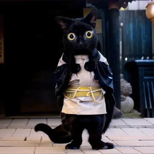 realistic animal,<lora:JinxCat-10:1>(bigfootjinx), black cat, big eyes, yellow eyes, fat cat, wearing a kimono:1.4, cat wearing clothes, temple courtyard, ((standing on hind legs)),