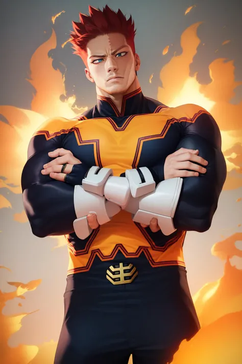 (masterpiece, best quality:1.2), <lyco:mha_endeavor-10:1.0>, solo, male focus, 1boy, endeavor, muscular male, large pectorals, expressionless, closed mouth, looking at viewer, crossed arms, superhero, blue bodysuit, fingerless gloves, fire