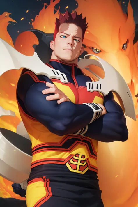 (masterpiece, best quality:1.2), endeavor, muscular male human, large pectorals, expressionless,superhero, blue bodysuit, fingerless gloves, fire, (pose:1.3), (posing:1.3), (soft shading), 4k, hi res, five fingers, detailed hands, ((detailed face, (detailed eyes:1.3), detailed)), (full body),(by takahirosi:1.5), solo, looking at viewer, 1boy, standing, full body, male focus,human focus, abs, biceps, flexing, smile