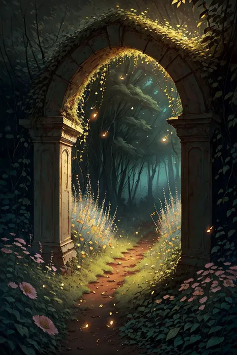 masterpiece of an overgrown archway, meadow, wildflowers, twilight, fireflies, flowers, fantasy, <lora:OvergrownCity:1>,