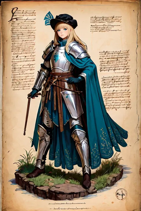(best quality, high quality, masterpiece:1.2), medieval art, Byzantine, Insular art, proud pose, <lora:forgotten_pages:1> forgotten_pages a drawing of 1girl, (long blonde straight hair with bangs:1.1), blue eyes, <lora:PaladinLARP:0.65> PaladinLARP dressed in a knight costume teal gambeson steel cuirass pauldrons thigh armour leg guards brown leather boots brown woll cape black pans brown leather belt dagger black gloves, medieval black teal hat , <lora:detail_slider_v4:1.15>