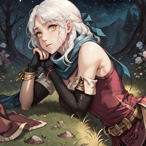masterpiece,best quality, 1girl,solo,beautiful face, (close up:1.2), black short hair, side profile, nature,backlinghting, bokeh,depth of field,
, masterpiece,best quality,1girl,ultra high detailed face,landscape,fantasy,adventurer, lying on the grass with the night sky in the background, clear yellow eyes, ((white hair)), <lora:fireemblem_micaiah-10:1>, micaiah \(fire emblem\), hair ribbon, sleeveless dress, pantyhose, elbow gloves, jewelry, bracelet, scarf, belt