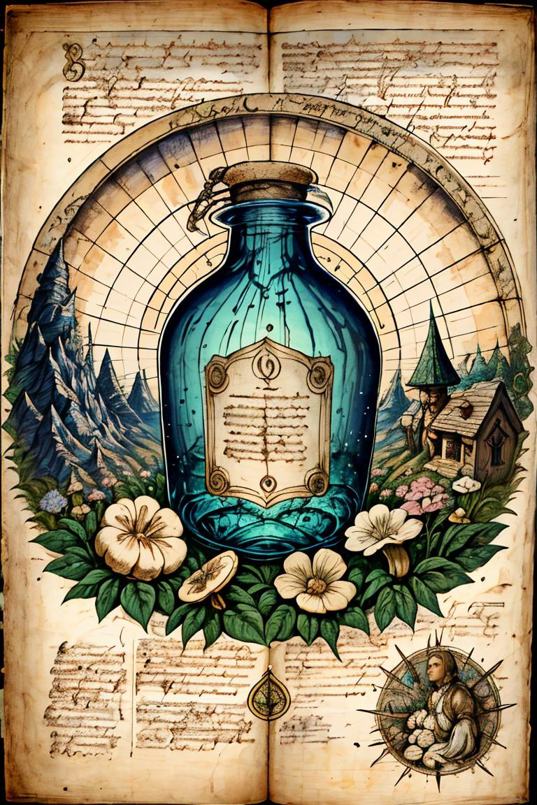(best quality, high quality, masterpiece:1.2), medieval art, Byzantine, Insular art, <lora:forgotten_pages:1>forgotten_pages a Magic potion bottle, recipe, mushrooms, herbs, text, <lora:detail_slider_v4:1.15>