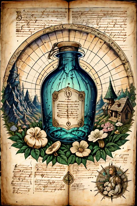 (best quality, high quality, masterpiece:1.2), medieval art, Byzantine, Insular art, <lora:forgotten_pages:1>forgotten_pages a Magic potion bottle, recipe, mushrooms, herbs,  text,  <lora:detail_slider_v4:1.15>