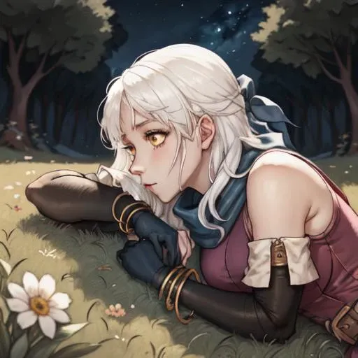 masterpiece,best quality, 1girl,solo,beautiful face, (close up:1.2), black short hair, side profile, nature,backlinghting, bokeh,depth of field,
, masterpiece,best quality,1girl,ultra high detailed face,landscape,fantasy,adventurer, lying on the grass with the night sky in the background, clear yellow eyes, ((white hair)), <lora:fireemblem_micaiah-10:1>, micaiah \(fire emblem\), hair ribbon, sleeveless dress, pantyhose, elbow gloves, jewelry, bracelet, scarf, belt