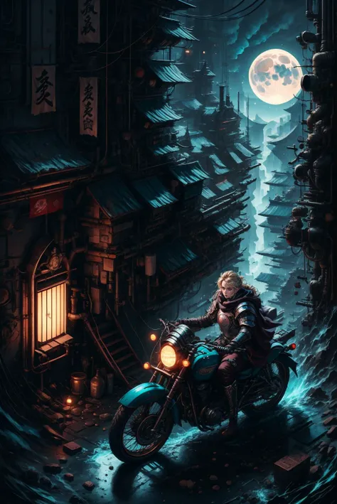 wide angle shot, long shot, PaladinLARP a woman with blonde braided hair, dressed in a knight costume teal gambeson steel cuirass pauldrons thigh armour leg guards brown leather boots brown woll cape black pans brown leather belt black gloves <lora:PaladinLARP:0.65> driving motorbike, forrest, moonlight <lora:ShinobiTech:0.8> shinobitech , scifi, shinobi, bulky metal, pipes, (cyberpunk:1.1) , neon lights <lora:add_detail:0.6>