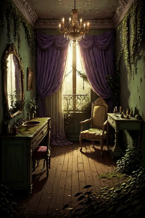 masterpiece of an (overgrown:1.1) royal bedroom, purple walls, curtains, chandelier, open balcony, mirror, moss, <lora:OvergrownCity:1>,