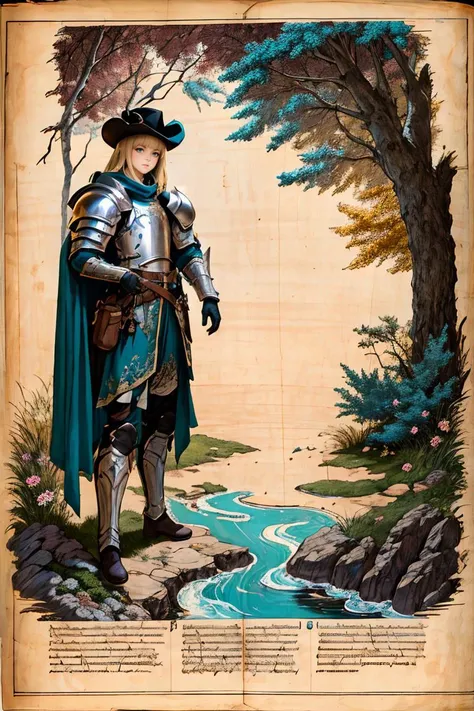 (best quality, high quality, masterpiece:1.2), medieval art, Byzantine, Insular art, <lora:forgotten_pages:1>forgotten_pages a map of 1girl, castle, treasure hunt, text, (long blonde straight hair with bangs:1.1), blue eyes, <lora:PaladinLARP:0.65> PaladinLARP dressed in a knight costume teal gambeson steel cuirass pauldrons thigh armour leg guards brown leather boots brown woll cape black pans brown leather belt dagger black gloves, medieval black teal hat , <lora:detail_slider_v4:1.15>