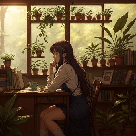 anime, candid of a woman working at a desk, big eyes, detailed face, dappled sunlight, open windows, tea cup, house plants, plants, bookshelves, witchy, crystals, magic, nostalgic, high detail, best quality, good quality, rtx, 4k, 8k,