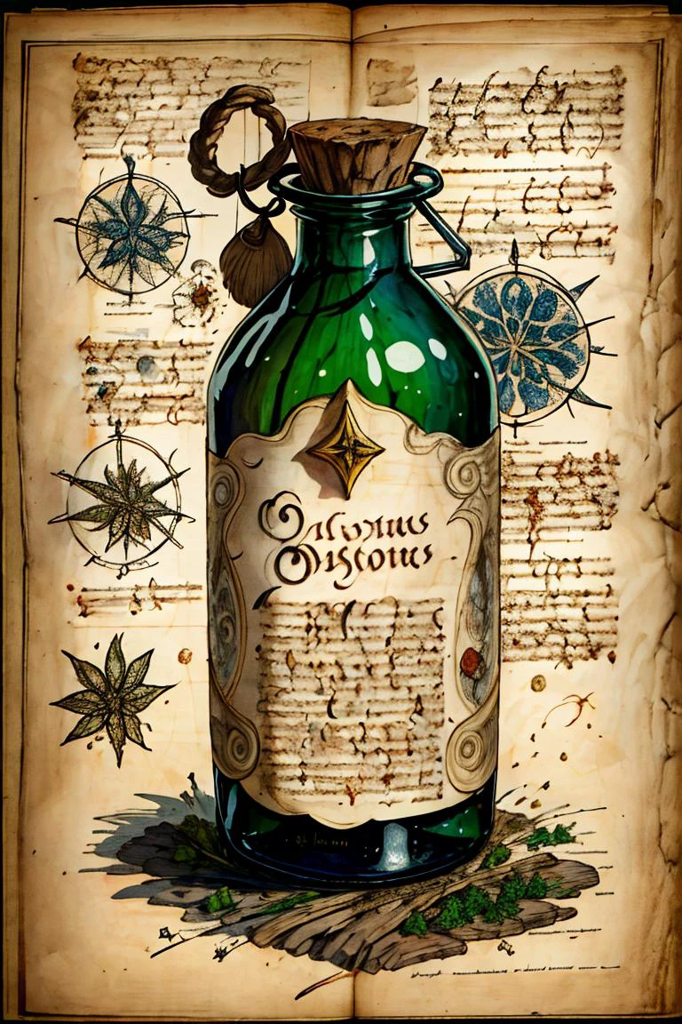 (best quality, high quality, masterpiece:1.2), medieval art, Byzantine, Insular art, <lora:forgotten_pages:1>forgotten_pages a Magic potion bottle, recipe, mushrooms, herbs, text, <lora:detail_slider_v4:1.15>