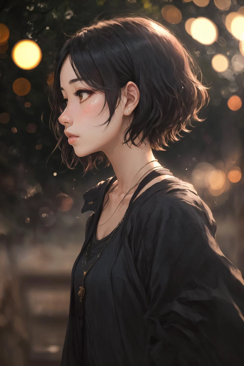 masterpiece,best quality, 1girl,solo,beautiful face, (close up:1.2), black short hair, side profile, nature,backlinghting, bokeh,depth of field,