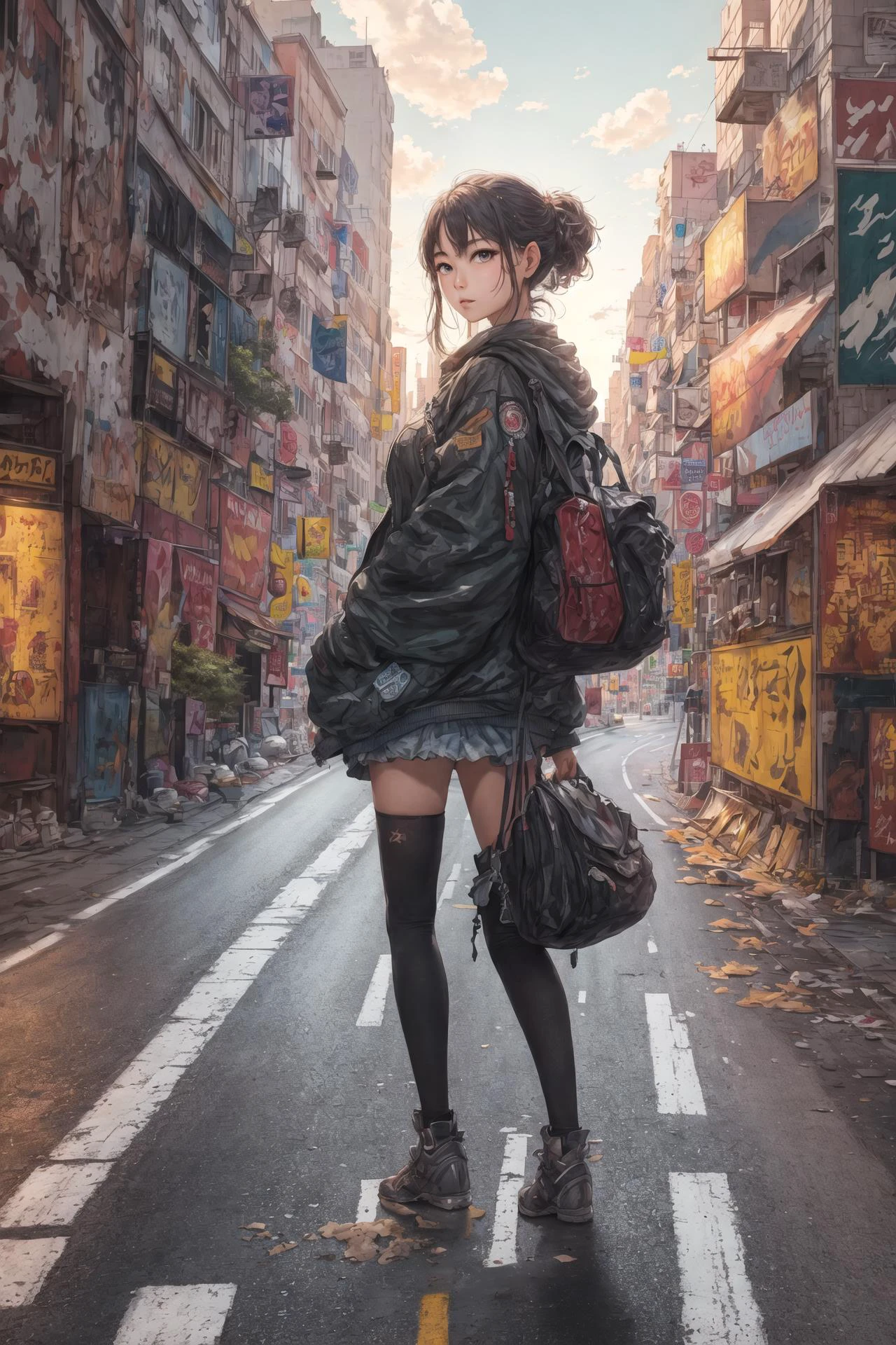 masterpiece,best quality,1girl,solo,ultra high detailed face,city,road