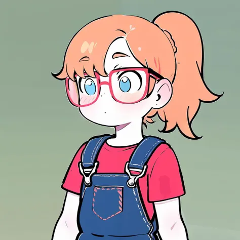 Create a cartoon-style image of a girl. She has curly hair, short and black, with the back of the hair dyed blue. His eyes are brown and he wears round glasses., with an exaggerated style and large to highlight the cartoonish effect. He is wearing denim overalls over a light blue sweater and Converse on his feet.. In one of his hands he holds a pen from a Wacom graphics tablet. The image must be without background and with cartoon characteristics, such as exaggerated facial features and stylized proportions.