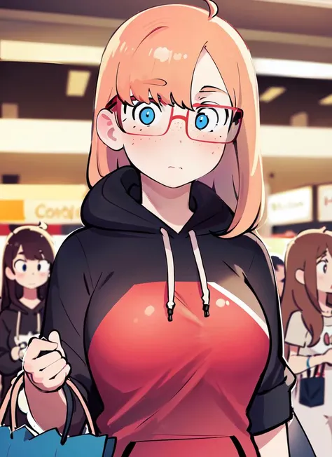 ((best quality)), ((highly detailed)), absurdres, detailed face, beautiful face, (detailed eyes, deep eyes), (1girl), from the front, upper body, <lora:rita_v1:.8>, orange hair, long hair, blue eyes, freckles, red glasses, pudgy, large breasts, puffy black hoodie, (inside, in a shopping mall, (((multiple girls))))