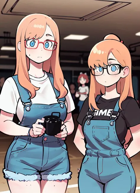 ((best quality)), ((highly detailed)), masterpiece, absurdres, detailed face, beautiful face, (detailed eyes, deep eyes), (1girl), (glasses), straight-on, cowboy shot, wide shot, <lora:rita_v1:.7>, orange hair, long hair, blue eyes, freckles, red glasses, pudgy, large breasts, grey t-shirt, overalls shorts, (inside, in a gymnasium, (((multiple girls))), (4girls))