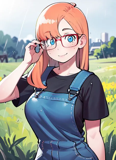 ((best quality)), ((highly detailed)), masterpiece, absurdres, (detailed eyes, deep eyes), (1girl), (glasses), upper body, <lora:rita_v1:.7>, orange hair, long hair, blue eyes, freckles, red glasses, pudgy, large breasts, smiling, grey t-shirt, overalls shorts, (outdoors, at a field, midday, raining)