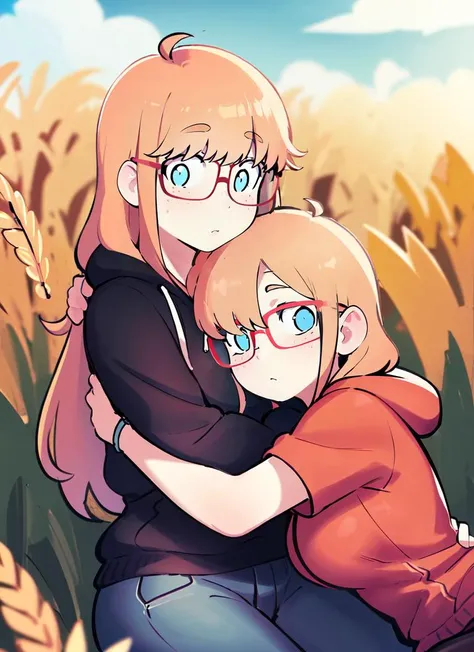 ((best quality)), ((highly detailed)), absurdres, (detailed eyes, deep eyes), (1girl), (glasses), hug, (2girls, yuri), <lora:rita_v1:.8>, orange hair, long hair, blue eyes, freckles, red glasses, pudgy, large breasts, puffy black hoodie, (outside, at a wheat field, morning)