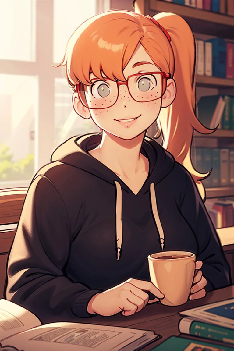 close up, 1girl, looking at viewer, parted lips, smile,
ritacolo, orange long hair, ponytail, red glasses, freckles, large breasts, looking at viewer, blushing, pudgy, puffy black hoodie,
indoors, library cafe, sunrays, backlit, depth of field,
<lora:rita_v2-04:0.75>