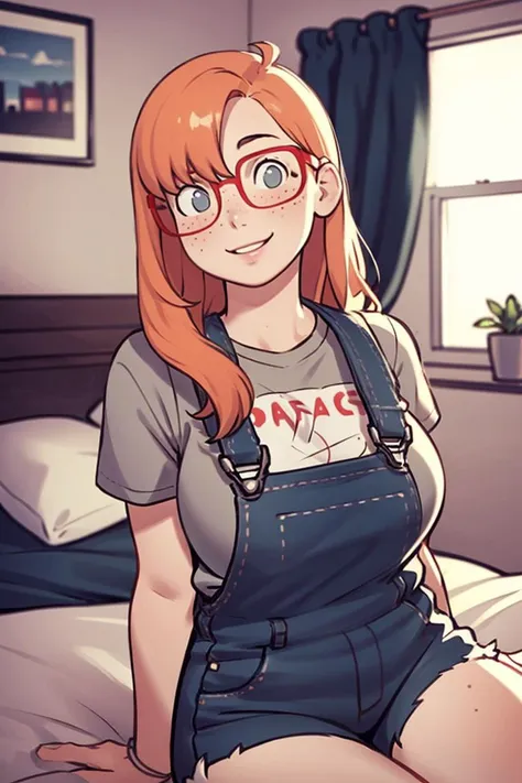 leaning back, on bed, 1girl, looking at viewer, parted lips, smile,
ritacolo, orange long hair, red glasses, freckles, large breasts, looking at viewer, blushing, pudgy, overalls shorts, grey t-shirt, 
indoors, cozy bedroom, depth of field,
<lora:rita_v2-04:0.75>