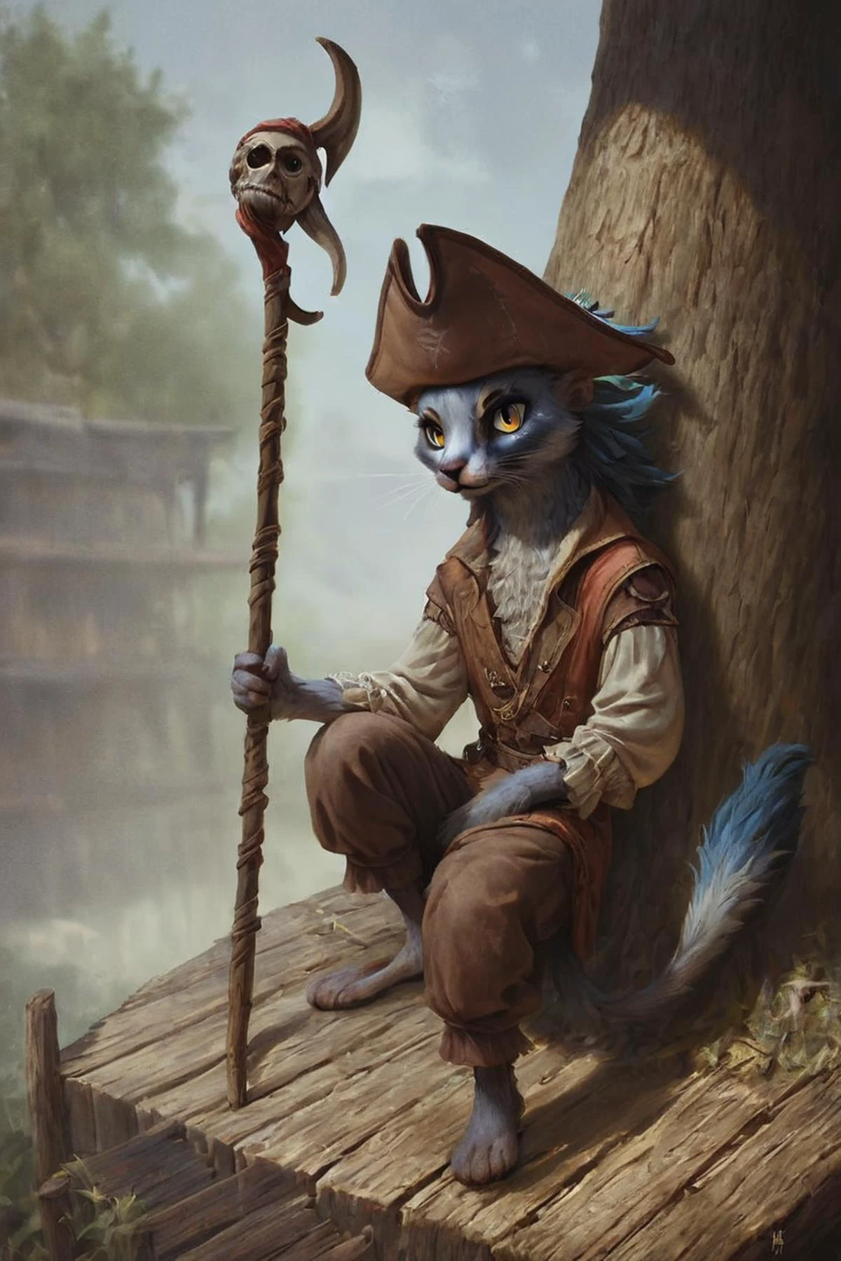 score_9, score_8_up, source_anime, rating_safe, Fantasy, Tabaxi, fur, slit pupils, whiskers, anthro, <lora:RPGTabaxiXL:1>, 1girl, indigo eyes, Pirate attire, pirate hat, <lora:sdxl_lora_pirate2:1>, leaving back against tree, holding staff, centered, portrait, Hulking, Village, distant buildings, photorealistic, facing viewer. impressionist painting, Noon, up close, detailed face, face focus, full body, solo, looking at viewer,