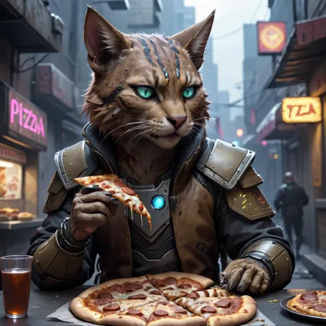 in a cyberpunk city, a male tabaxi is eating a pizza, crystal eyes, natural lighting, dry weather, <lora:RPGTabaxiXL:0.23>, <lora:xl_more_art-full_v1:0.8>