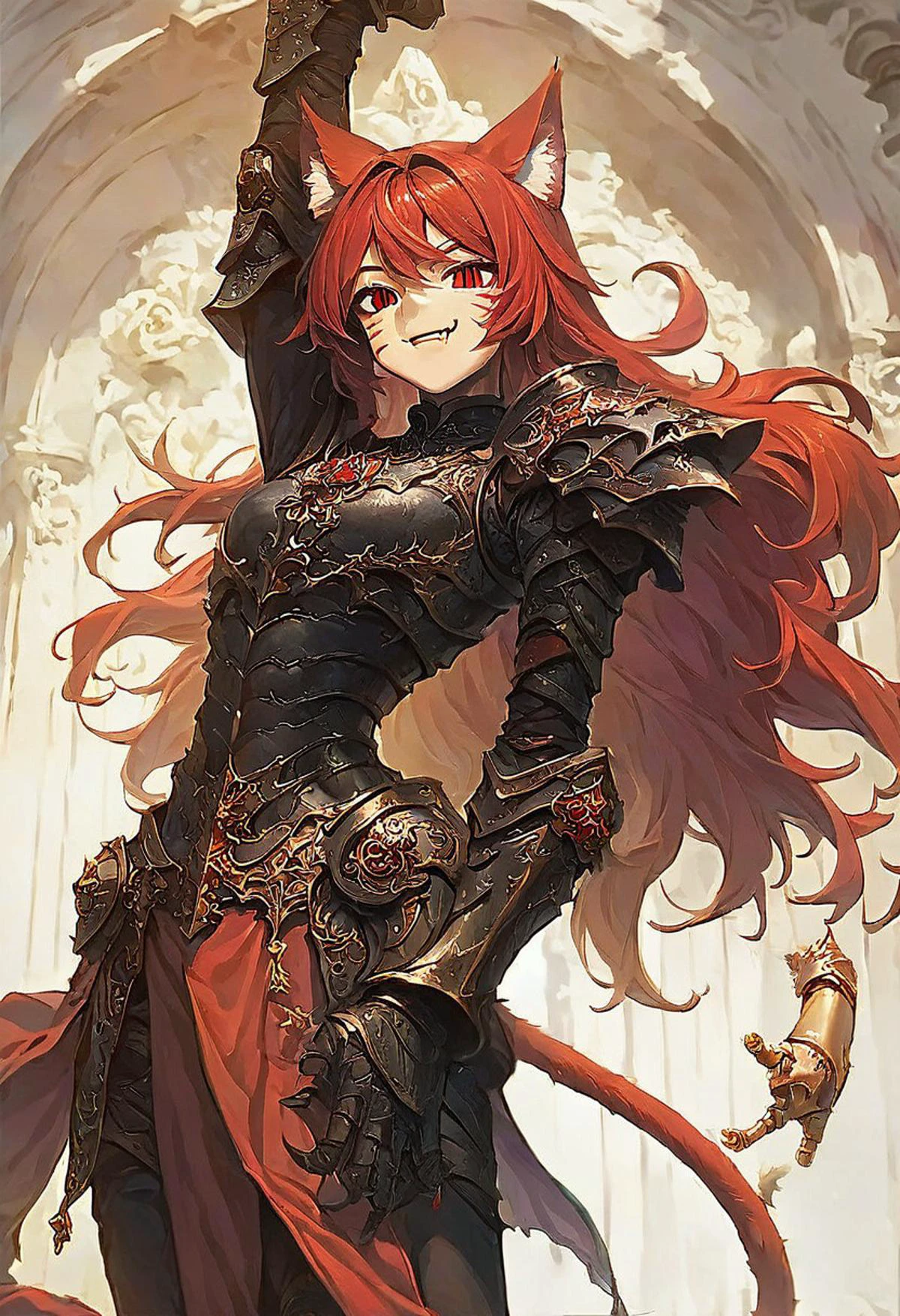 score_9, score_8_up, score_7_up, source_anime, hi res, masterpiece, best quality, highres, 1girl, animal ears, cat tail, cat ears, red hair, red eyes, looking at viewer, cat girl, smile, facial mark, fang, slit pupils, animal ear fluff, stretching,fantasy armor