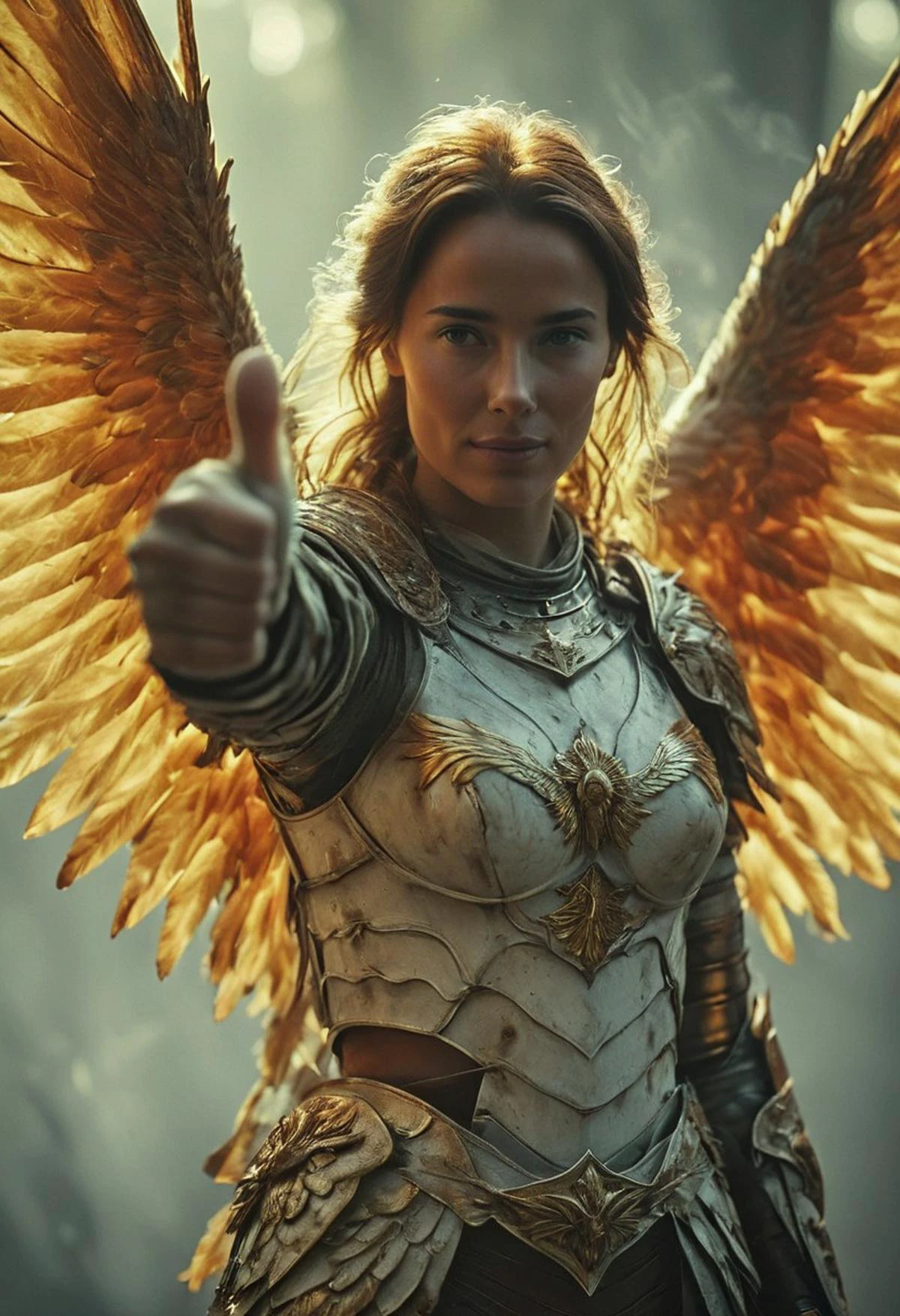 Thumb-up pose, White Pale skinned excentric posing Woman with translucent Amber burning Wings, thumb Up, Linen leather Armor, Wings in flames, atmospheric haze, Film grain, cinematic film still, shallow depth of field, highly detailed, high budget, cinemascope, moody, epic, OverallDetail, gorgeous, 2000s vintage RAW photo, photorealistic, candid camera, color graded cinematic, eye catchlights, atmospheric lighting, skin pores, imperfections, natural, shallow dof, deep blacks, high monochrome contrast,