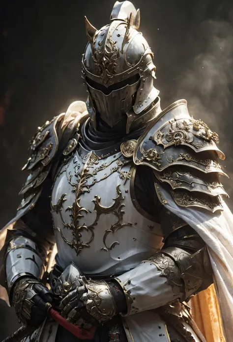 standing in bright sunlight, Highly dramatic lighting Action Scene, Feudal samurai wearing bright white fantasy armor with jelly Emblem coming Out of the Fog wearing a burning intricate detailed samurai Armor, cloak over one shoulder, atmospheric backlight, atmospheric haze, Film grain, cinematic film still, shallow depth of field, highly detailed, high budget, cinemascope, moody, epic, OverallDetail, gorgeous, 2000s vintage RAW photo, photorealistic, candid camera, color graded cinematic, eye catchlights, atmospheric lighting, skin pores, imperfections, natural, shallow dof, deep blacks, high monochrome contrast,