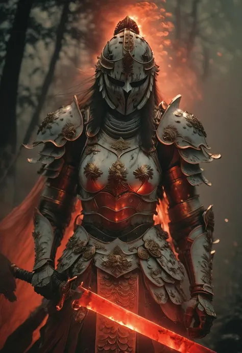 Feudal female samurai with long hair wearing translucent White holy armor coming Out of the Fog wearing a partially burning and Red glowing detailed samurai Armor, atmospheric haze, Film grain, cinematic film still, shallow depth of field, highly detailed, high budget, cinemascope, moody, epic, OverallDetail, gorgeous, 2000s vintage RAW photo, photorealistic, candid camera, color graded cinematic, eye catchlights, atmospheric lighting, skin pores, imperfections, natural, shallow dof, deep blacks, high monochrome contrast,