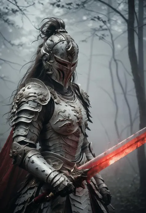 Feudal female samurai with long hair wearing translucent White intricate designed armor Wielding sword coming Out of the Fog wearing a partially burning and Red glowing detailed outworn silver Armor, atmospheric haze, Film grain, cinematic film still, shallow depth of field, highly detailed, high budget, cinemascope, moody, epic, OverallDetail, gorgeous, 2000s vintage RAW photo, photorealistic, candid camera, color graded cinematic, eye catchlights, atmospheric lighting, skin pores, imperfections, natural, shallow dof, deep blacks, high monochrome contrast,