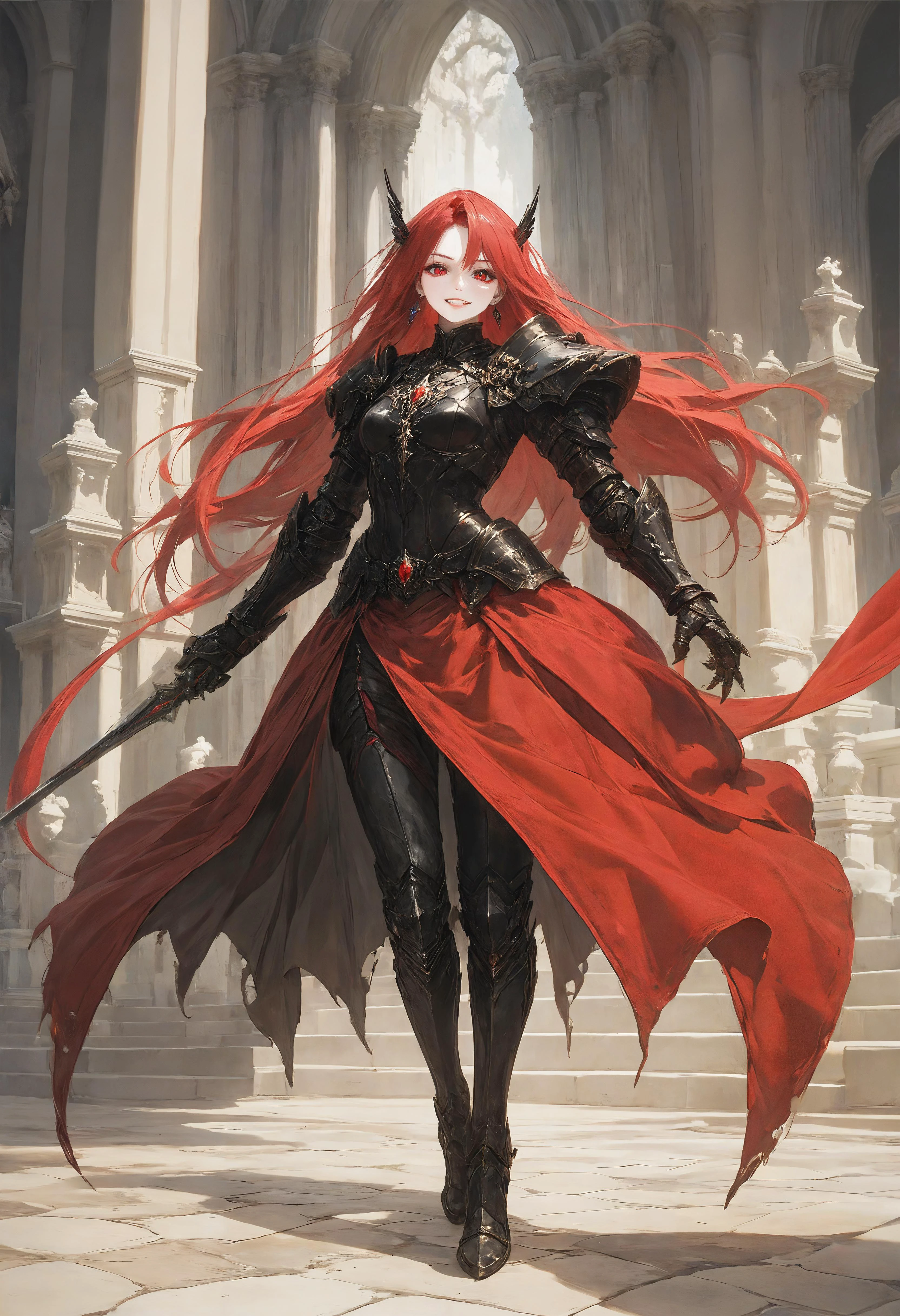 score_9, score_8_up, score_7_up, BREAK facing viewer, 1girl, solo, full body, beautiful face, straight red hair BREAK black armor, gauntlets, shoulder armor, greaves, earrings, gemstone BREAK intricate detail, dramatic lighting, extreme detail, medieval city, <lora:hinaMixArmor_pony-rev:0.7>,
<lora:add-detail-xl:1>