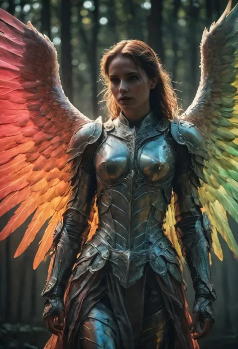 White Pale skinned excentric posing Woman with translucent vibrant colorful 80s Neon spectral Gradient burning Wings, Linen leather Armor, atmospheric haze, Film grain, cinematic film still, shallow depth of field, highly detailed, high budget, cinemascope, moody, epic, OverallDetail, gorgeous, 2000s vintage RAW photo, photorealistic, candid camera, color graded cinematic, eye catchlights, atmospheric lighting, skin pores, imperfections, natural, shallow dof, deep blacks, high monochrome contrast,