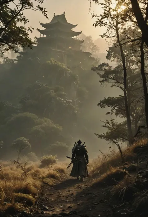 standing in bright sunlight, Highly dramatic lighting ral-dissolve Action Scene, Feudal samurai wearing bright white fantasy armor with jelly Emblem coming Out of the Fog wearing a partially burning intricate detailed samurai Armor, cloak over one shoulder, atmospheric backlight, atmospheric haze, Film grain, cinematic film still, shallow depth of field, highly detailed, high budget, cinemascope, moody, epic, OverallDetail, gorgeous, 2000s vintage RAW photo, photorealistic, candid camera, color graded cinematic, eye catchlights, atmospheric lighting, skin pores, imperfections, natural, shallow dof, deep blacks, high monochrome contrast,