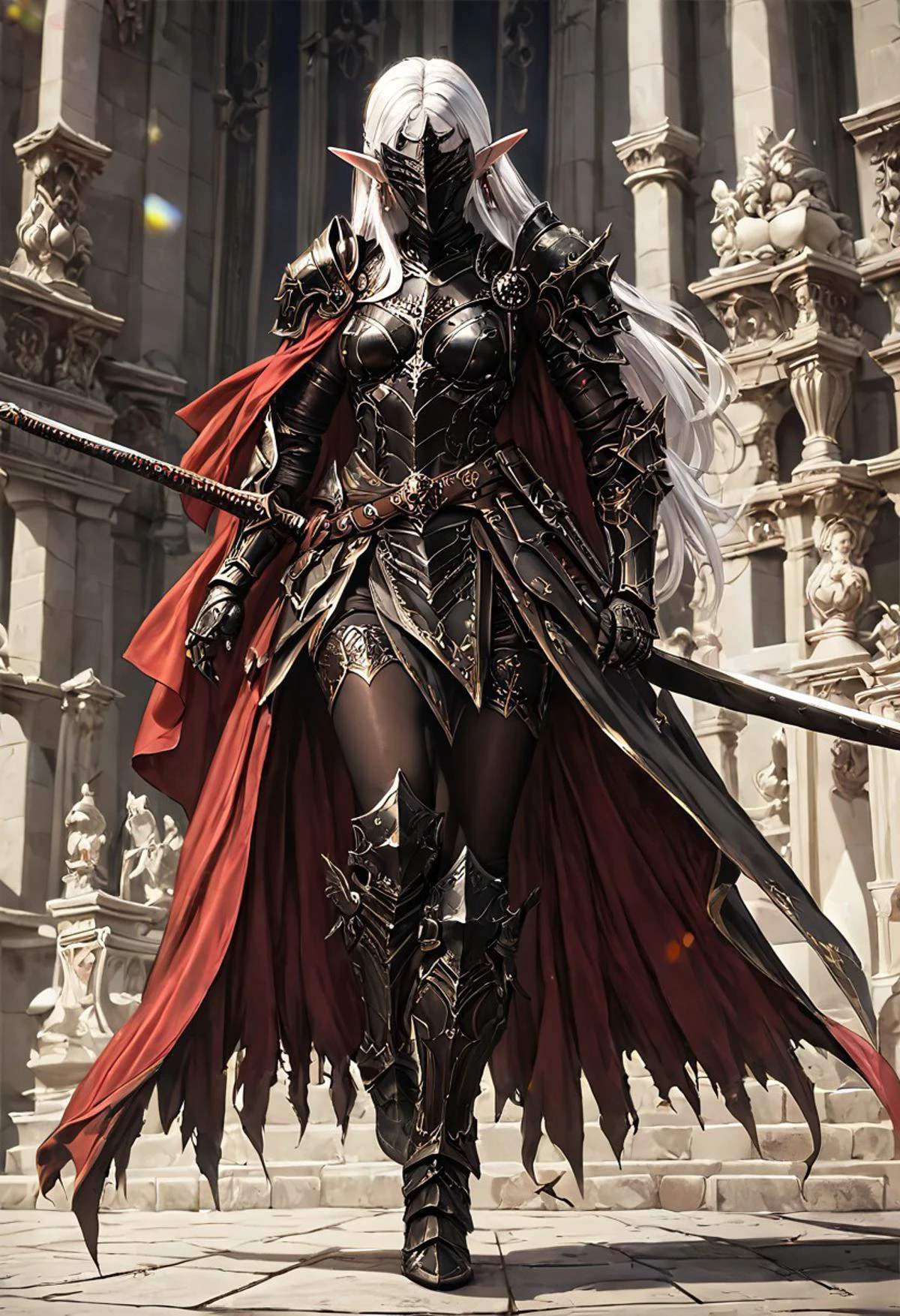 score_9, score_8_up, score_7_up, realistic skin texture, detailed anime picture, HD32k, high contrast, realistic skin texture, beautiful warrior elf, long white hair, tanned skin, medium breasts, earrings, dark red and black fantasy armor, greaves, helmet, sword on belt in jewelled scabbard, BREAK surrounded by crowd of armored soldiers on a battlefield, focus on face