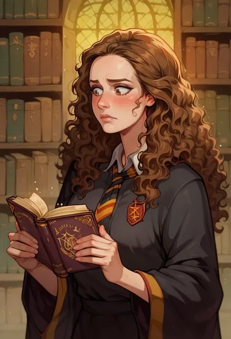 close up, score_9, score_8_up, score_7_up, score_6_up, 1 woman, Hermione Granger(/Harry potter)/, reading book, blush, bushy brown hair, long hair, wizard's robe, library <lora:Akabur:0.7> <lora:Hermione_Granger_-_Harry_Potter_Pony_NSFW:0.7>