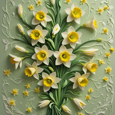 <lora:artfullyTREETTREET_SDXL_V1:1>, arttrttrt, a bridal cake decorated with fondant repeating patterns consisting of daffodils, sweet pea, and T. honeysuckle. the honeysuckle provides structure and the sweet pea provides texture and an aery quality to the wedding napkins and tissue paper. the narcissus is the focus flower and resembles a trumpet providing energy and cheer. Dense green leaves from the honeysuckle hide tubular white yellow flowers, tendrils emerge from the wedding invitation and announcement as the sweet pea climbs onto its neighbors. the narcissus is the focal point of the literature decorations and adds height and structure as well