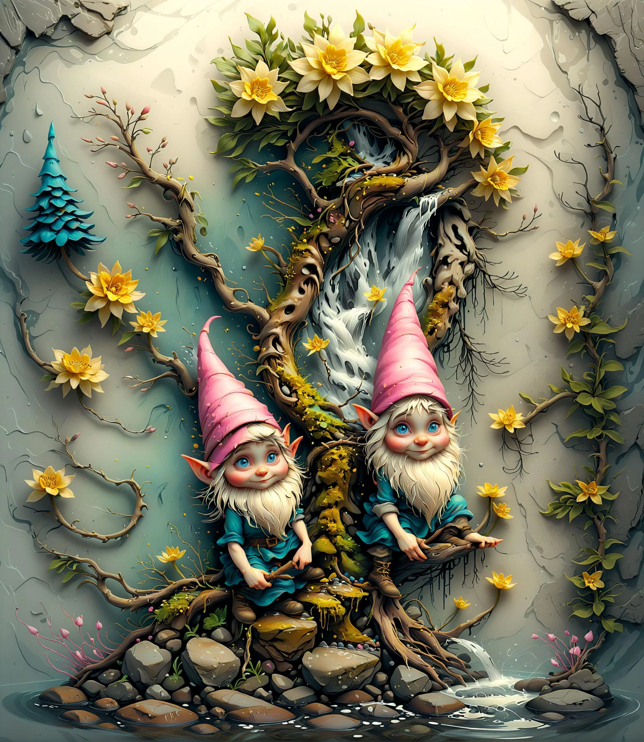 ,art100th
<lora:artfullyONEHUNDRED_SDXL_V1:0.5>, <lora:artfullyTREETTREET_SDXL_V1:1>, arttrttrt,ancient forest landscape with waterfalls surrounded by wild daffodills being picked and tended by (( garden gnomes)), 1 female gnome , pink hat, blue eyes, looking at camera, isitting on stone in water, from the viking era, sweet pea, and T. honeysuckle. the honeysuckle provides structure and the sweet pea provides texture and an aery qualityconcept character design, gnome illusionist,
masterpiece, long exposure, layered elements, motion photography, stark contrasting color transitions, saturated colors, harmonious color story, illusionism, beautiful details, blackhole energy core, 3d, volumetric lighting, hyperrealism, cell shaded, natural lighting, alcohol inks and charcoal, linework in ink, concept style for fantasy and scifi elements
<lora:ArtfullyPOKEPLANTS:.8>,artpkplnts