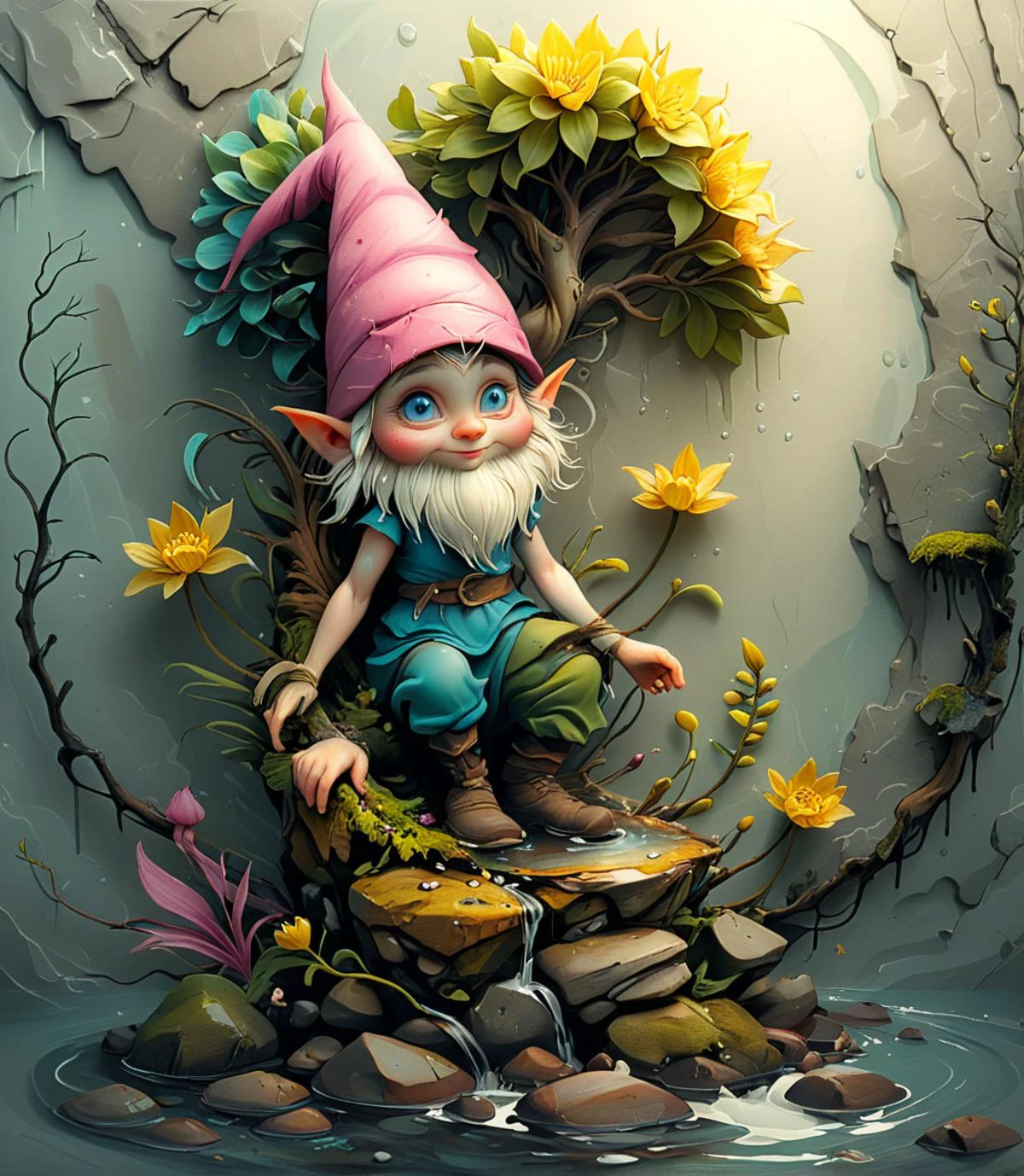 ,art100th
<lora:artfullyONEHUNDRED_SDXL_V1:0.5>, <lora:artfullyTREETTREET_SDXL_V1:1>, arttrttrt,ancient forest landscape with waterfalls surrounded by wild daffodills being picked and tended by (( garden gnomes)), 1 female gnome , pink hat, blue eyes, looking at camera, isitting on stone in water, from the viking era, sweet pea, and T. honeysuckle. the honeysuckle provides structure and the sweet pea provides texture and an aery qualityconcept character design, gnome illusionist,
masterpiece, long exposure, layered elements, motion photography, stark contrasting color transitions, saturated colors, harmonious color story, illusionism, beautiful details, blackhole energy core, 3d, volumetric lighting, hyperrealism, cell shaded, natural lighting, alcohol inks and charcoal, linework in ink, concept style for fantasy and scifi elements
<lora:ArtfullyPOKEPLANTS:.8>,artpkplnts