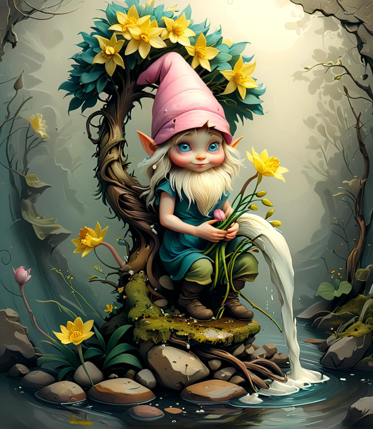 ,art100th
<lora:artfullyONEHUNDRED_SDXL_V1:0.5>, <lora:artfullyTREETTREET_SDXL_V1:1>, arttrttrt,ancient forest landscape with waterfalls surrounded by wild daffodills being picked and tended by (( garden gnomes)), 1 female gnome , pink hat, blue eyes, looking at camera, isitting on stone in water, from the viking era, sweet pea, and T. honeysuckle. the honeysuckle provides structure and the sweet pea provides texture and an aery quality to the wedding napkins and tissue paper. the narcissus is the focus flower and resembles a trumpet providing energy and cheer. Dense green leaves from the honeysuckle hide tubular white yellow flowers, tendrils emerge from the wedding invitation and announcement as the sweet pea climbs onto its neighbors. the narcissus is the focal point of the literature decorations and adds height and structure as well
<lora:ArtfullyPOKEPLANTS:.8>,artpkplnts