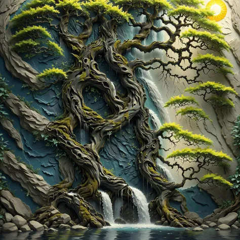 <lora:artfullyTREETTREET_SDXL_V1:1>,arttrttrt, 3d, octane render, masterpiece, intricately detailed, cobalt and navy accents, no humans, incredible waterfall, imaginary landscape, old and ancient tree with landscape and water features, trunk is detailed, trunk is white and  black ,and quartz, leaves are chartreus with accents of fuchia, sun  is glowing, wildlife appropriate to the area can be seen in various locations, in the style of carved relief, embossing, encaustic, papercraft