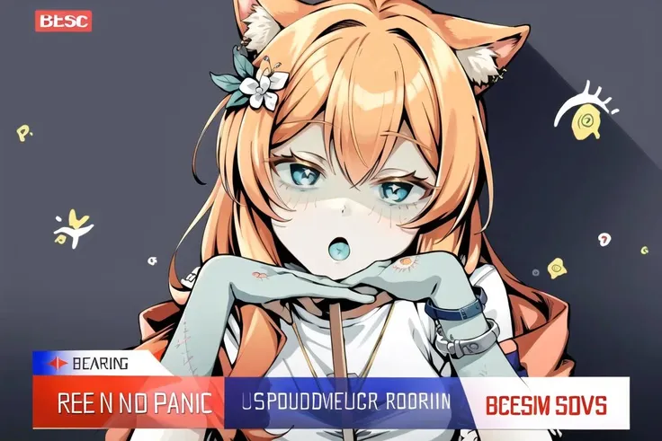 <lora:Zombie:0.8>, 1girl, solo, looking at viewer, open mouth, jewelry, bracelet, heart-shaped pupils, aqua hair, colored skin, cuffs, grey skin, handcuffs, zombie, stitched face, patchwork skin, (masterpiece, best quality:1), 1girl, solo, mari, halo, 1girl, blue eyes, orange hair, hair ornament, cat ears, <lora:mariBlueArchive_v5b:0.8>