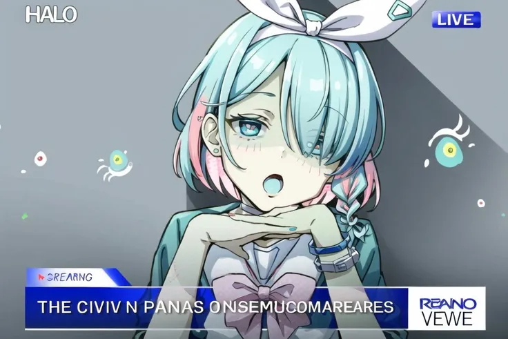 <lora:Zombie:0.9>, 1girl, solo, looking at viewer, open mouth, jewelry, bracelet, heart-shaped pupils, aqua hair, colored skin, cuffs, grey skin, handcuffs, zombie, stitched face, arona, 1girl, white hairband, bow hairband, halo, short hair, single braid, school uniform, blue shirt, white sailor collar, long sleeves, white bowtie, white choker <lora:aronaBlueArchive_v1:0.7>