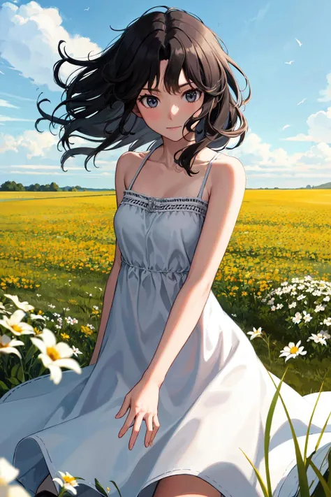 masterpiece, best quality, highres, aakaoru, wavy hair, messy hair, <lora:tanamachi_kaoru_v1:0.7>, dress, sundress, outdoors, field, wind,